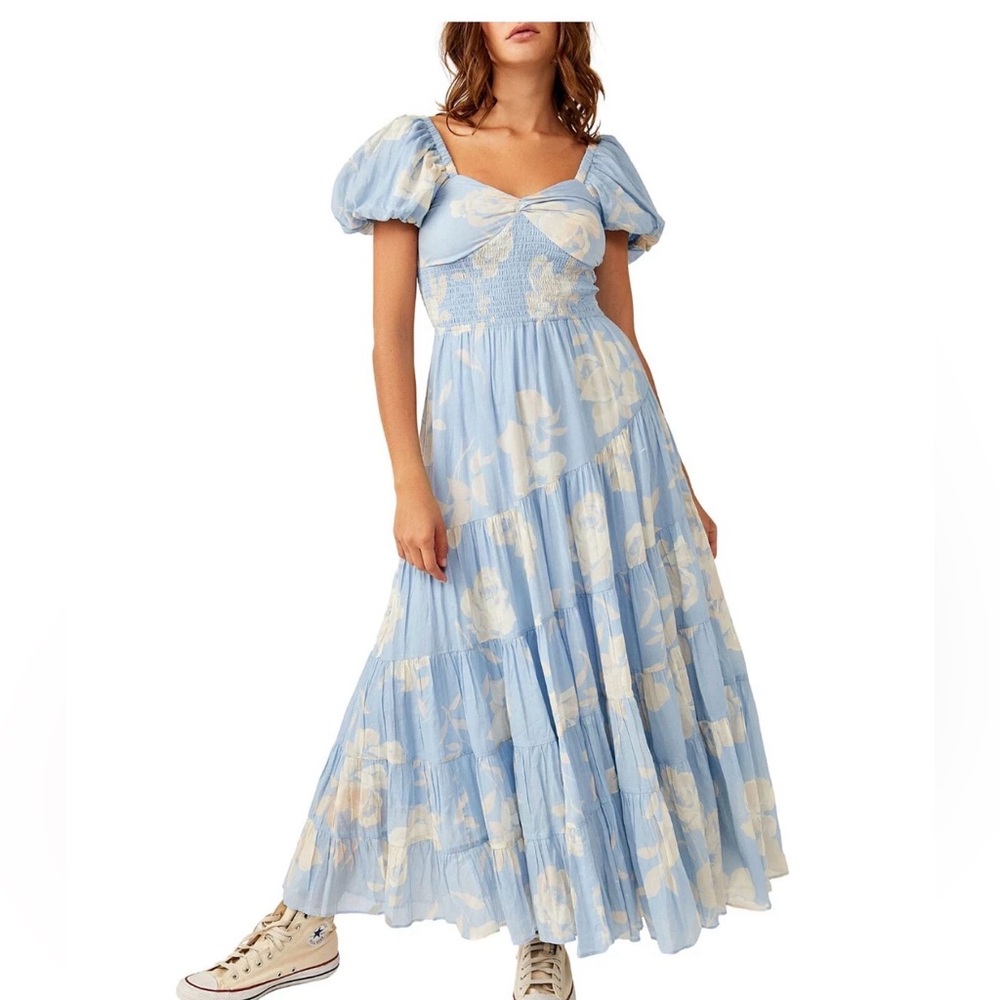 Free People textured floral puff sleeve midaxi dress in sky blue XS